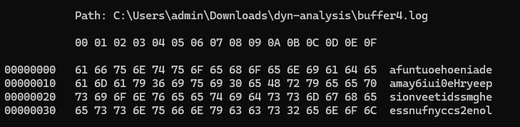 The first bytes of buffer4.log: printable ASCII filler disguising the encrypted GHOSTPULSE payload that follows it.