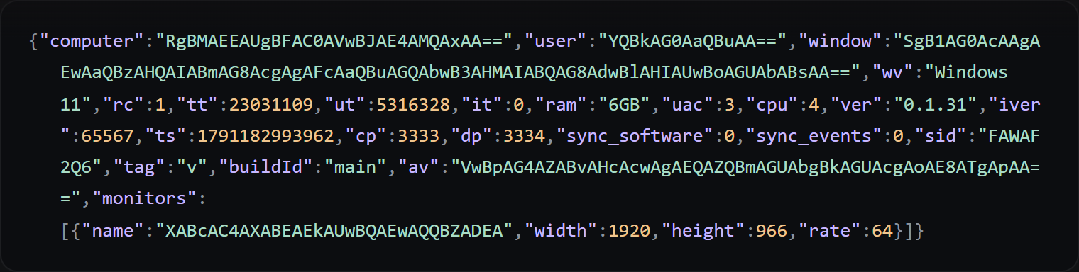 A beacon captured from the live hollowed process; string fields are base64 UTF-16.