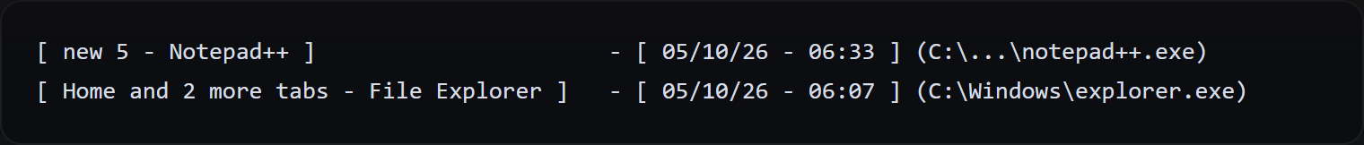 The implant-captured window-focus log: title, timestamp and process path.