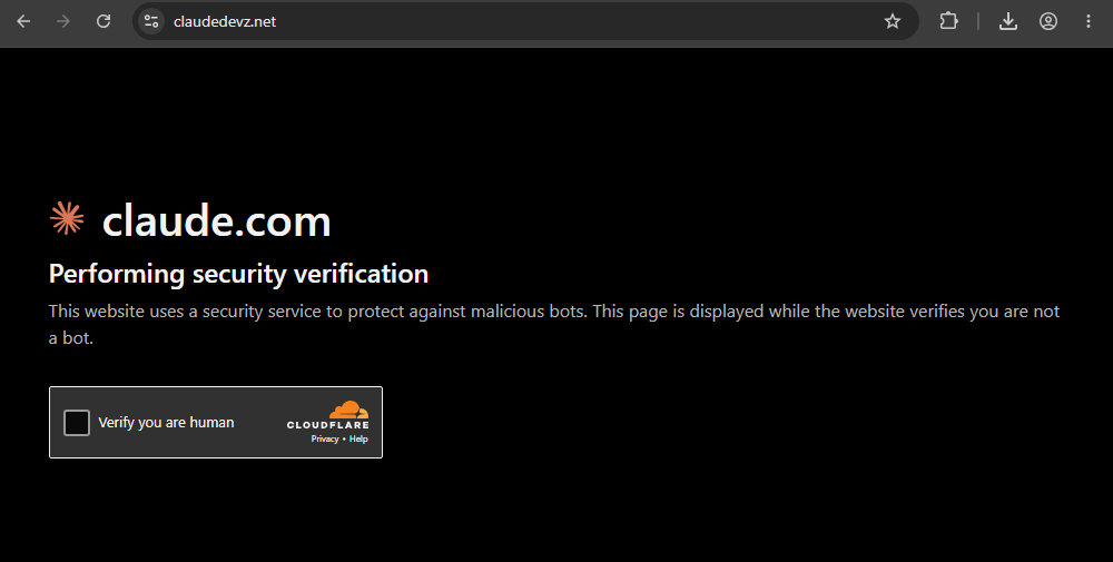 claudedevz[.]net impersonating Claude behind a fake Cloudflare CAPTCHA.