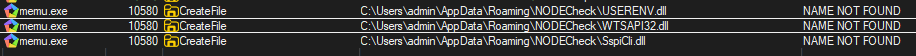 memu.exe probes for USERENV.dll / WTSAPI32.dll / SspiCli.dll beside it and gets NAME NOT FOUND for suspected side-load DLLs.