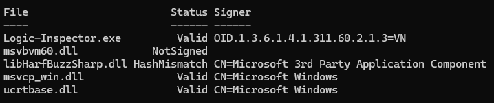 Authenticode status of the served set — the two loaders are the only files with a missing or broken signature.