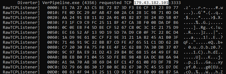 The hollowed VerPipeline.exe beaconing to 179.43.182[.]101:3333.