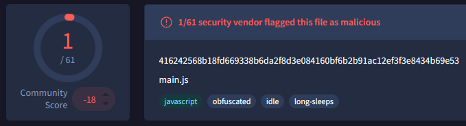 main.js on VirusTotal — 1/61 detections.