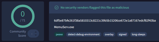 memu.exe on VirusTotal — a signed MEmu component, zero detections: a third clean, signed binary lined up for abuse.