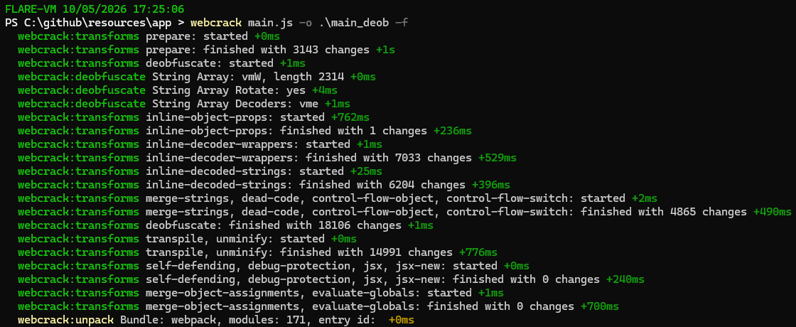 Webcrack stripping the string-array layer.